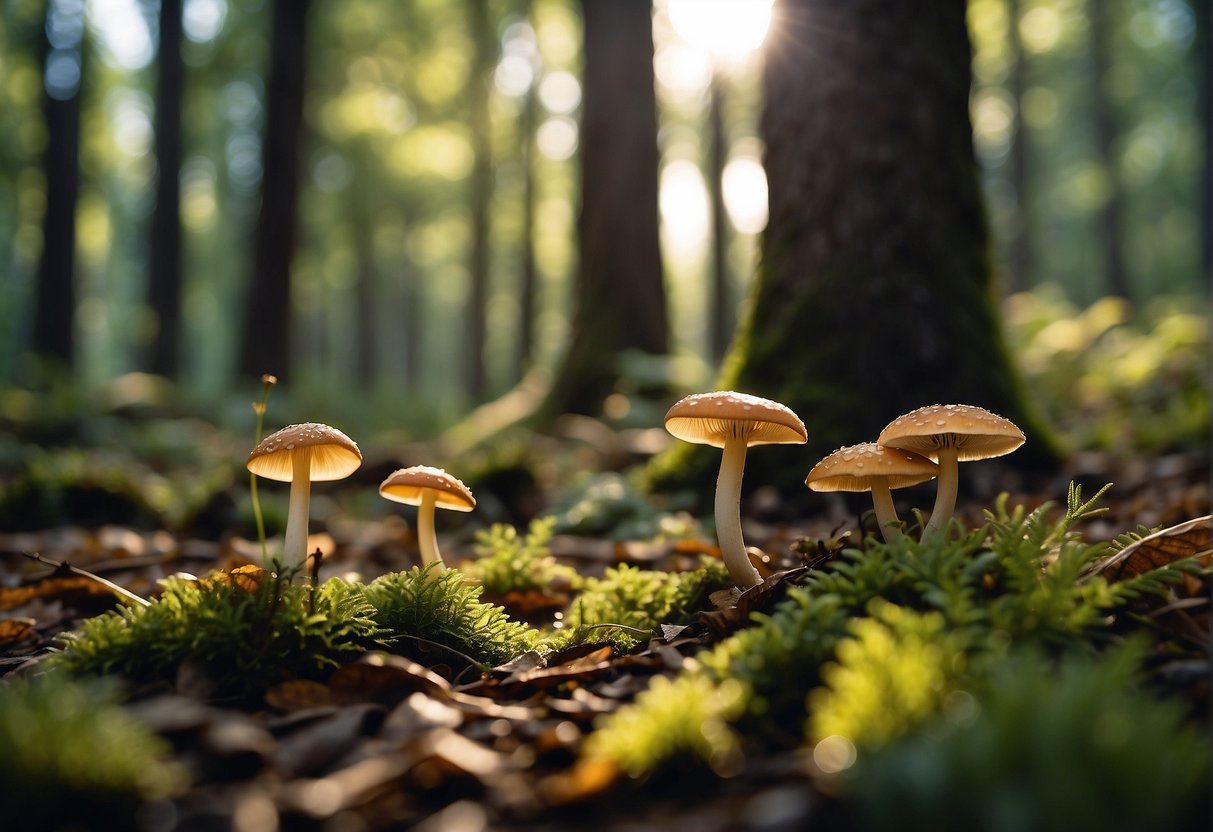 A lush forest floor with dappled sunlight, fallen leaves, and various types of mushrooms growing among the underbrush