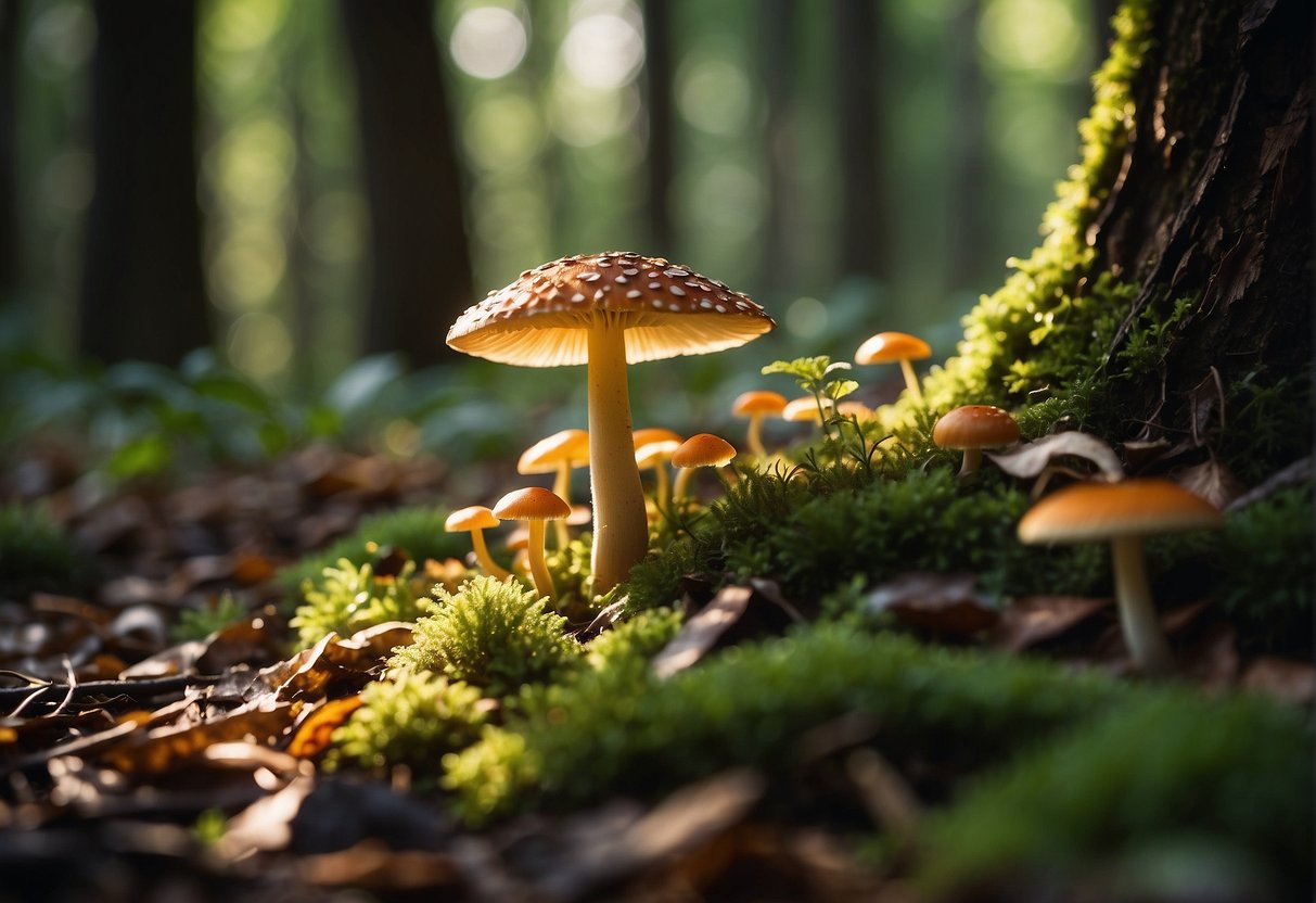 A forest floor with dappled sunlight, fallen leaves, and various types of mushrooms peeking out from the undergrowth