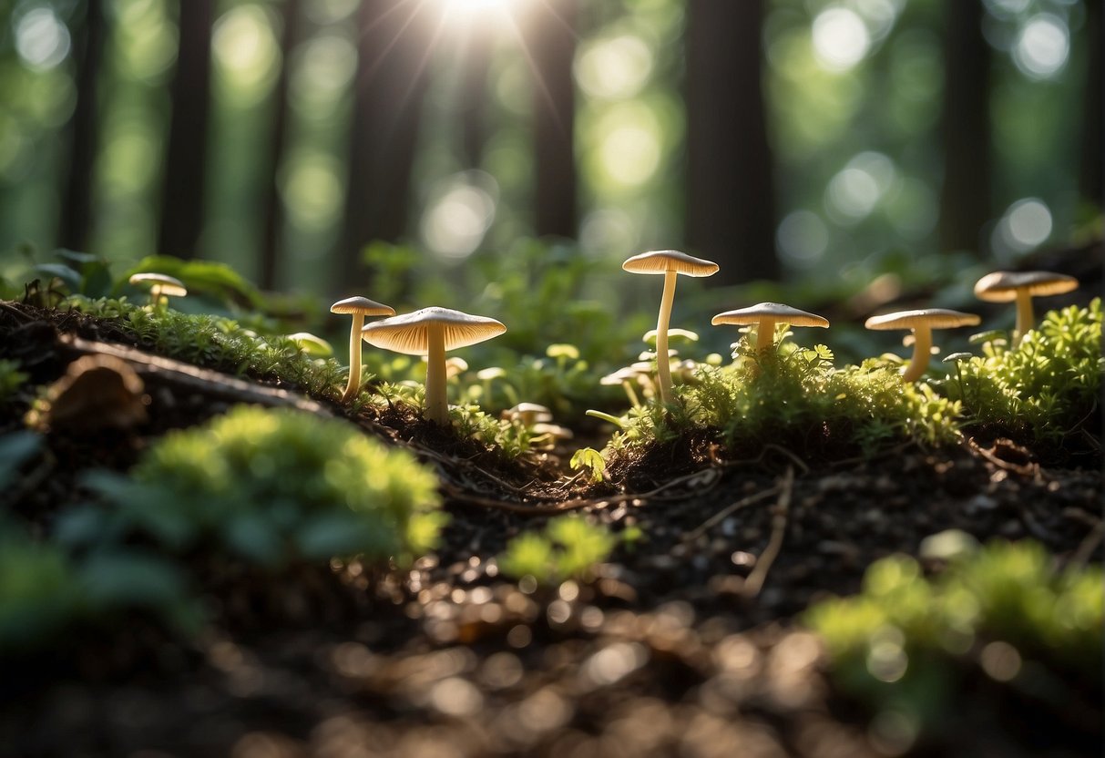 Lush forest floor, sunlight filtering through canopy, mushrooms sprouting from rich soil, surrounded by diverse plant life